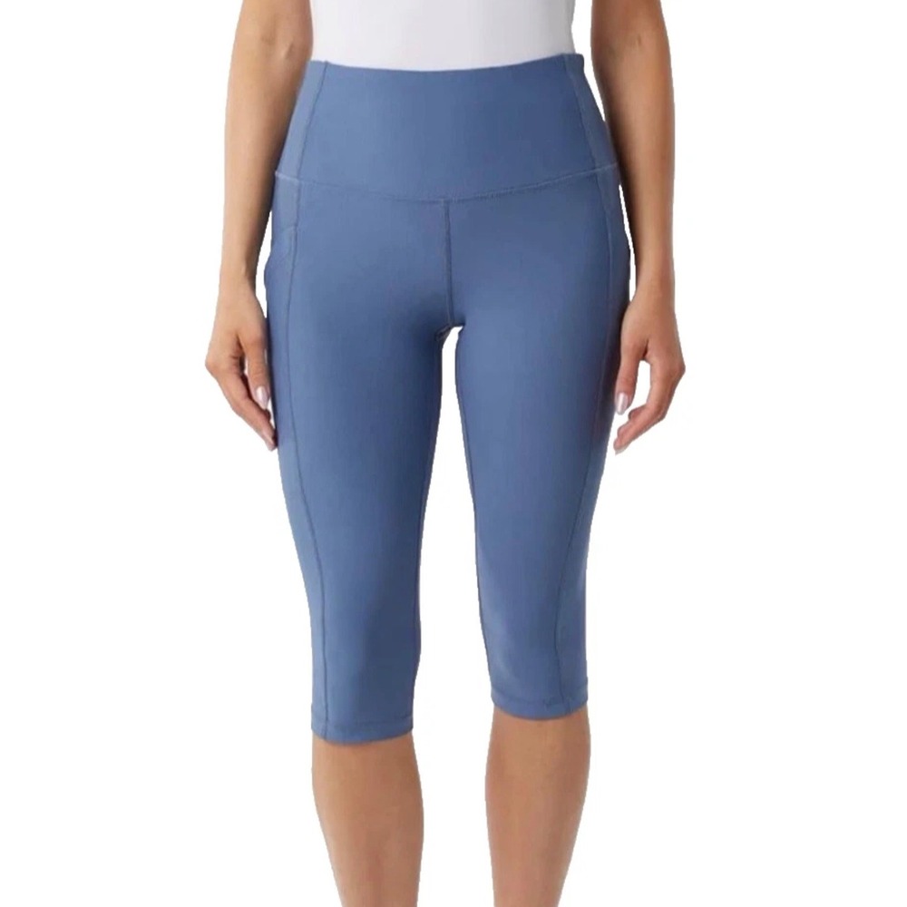 32 Degrees Cool Womens Blue Ribbed Capri Leggings Side Pockets •L• Athleisure
